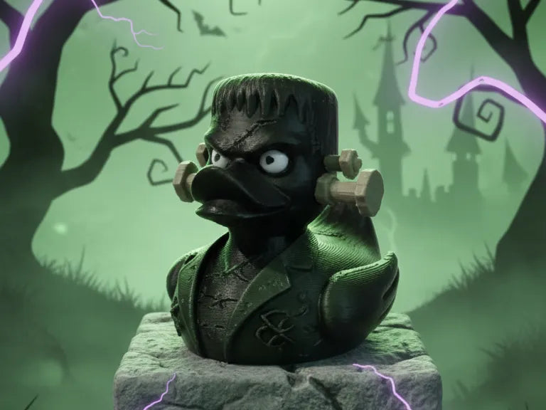 Frankenstein Duck - dark green 3D printed Halloween figure with neck bolts on a stone pedestal with lightning background