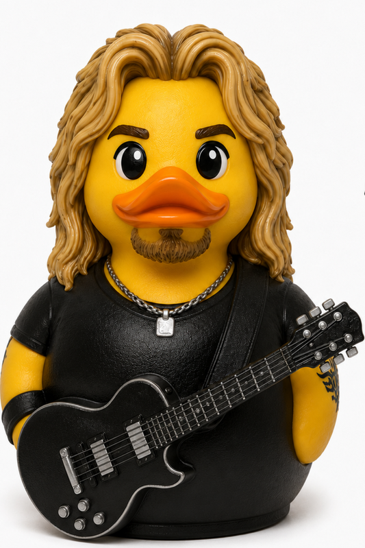 Rock Star Duck rubber duck with long blonde hair, black t-shirt, chain necklace, tattoo, and electric guitar
