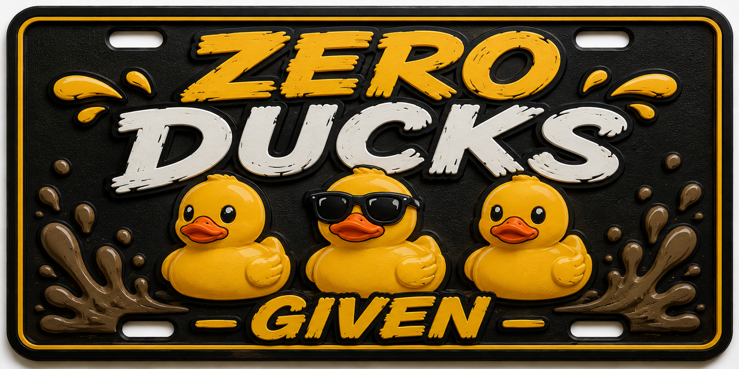 Zero Ducks Given novelty license plate with three rubber ducks and mud splash design