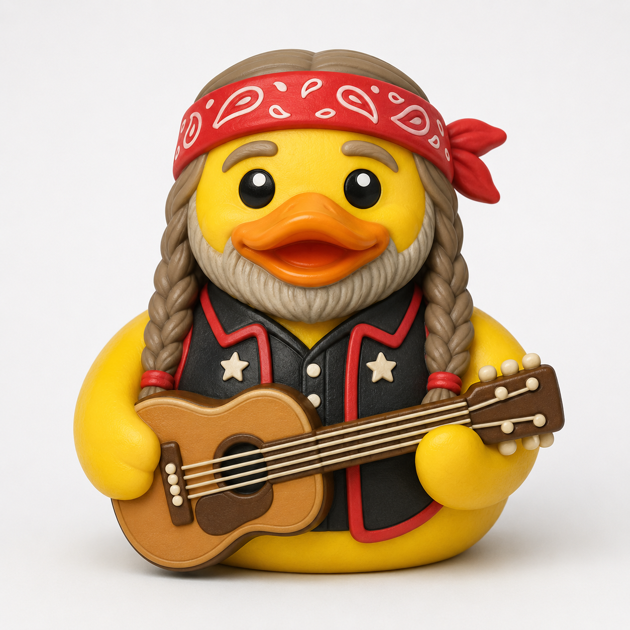 Country legend duck with braided hair, red paisley bandana, and acoustic guitar