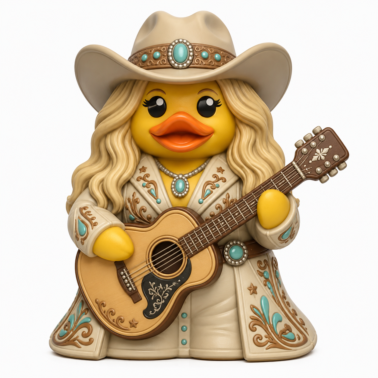Cowgirl queen duck in ivory embroidered western outfit with turquoise accents and acoustic guitar