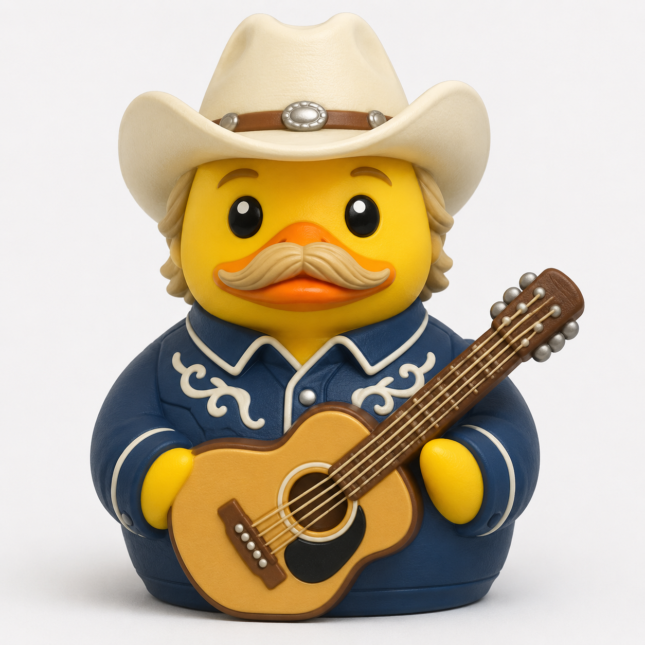Mustache cowboy duck in navy blue embroidered western shirt and cream cowboy hat holding acoustic guitar