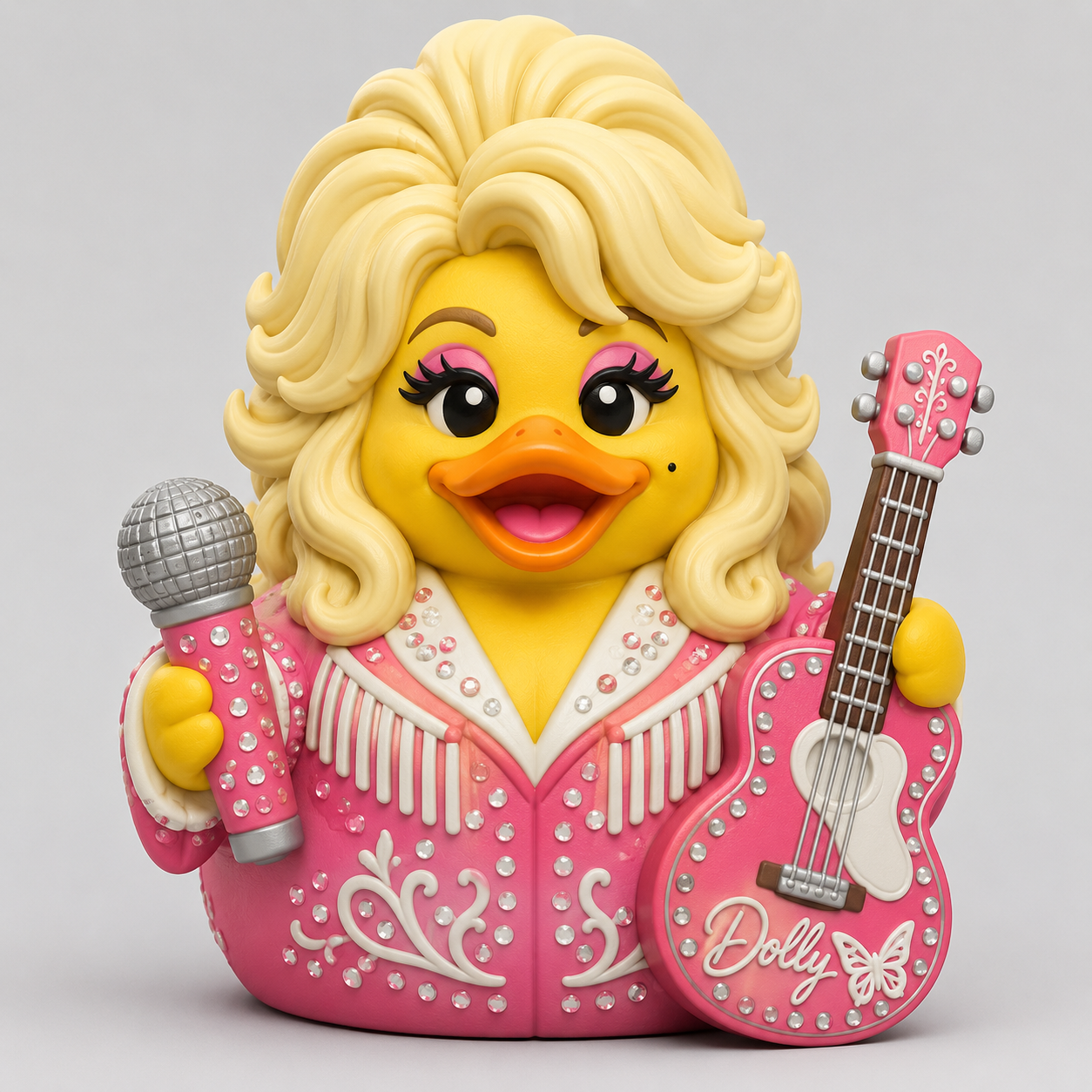 Blonde country diva duck in pink rhinestone western jacket with big blonde hair holding microphone and pink guitar