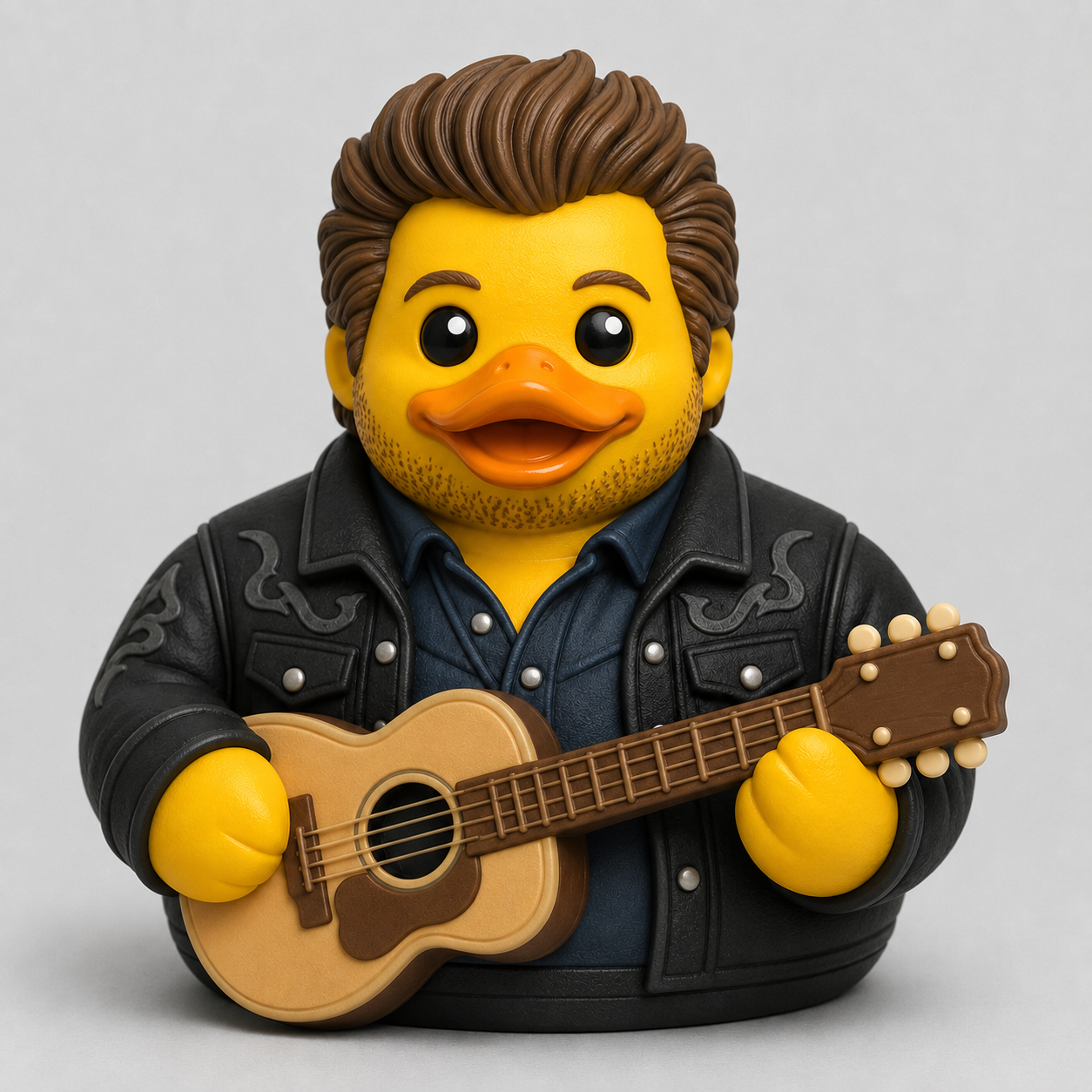 Country heartthrob duck in black embroidered western jacket with brown hair and beard playing acoustic guitar
