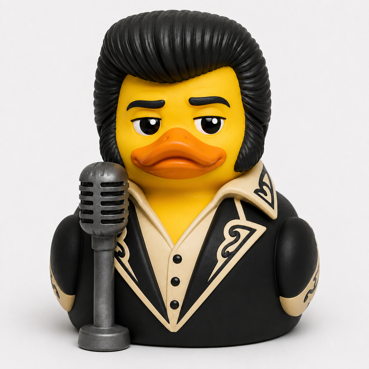 Man in Black Duck 3D printed duck in black suit with vintage microphone