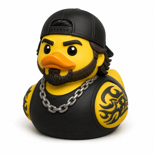 Tatted Up Duck rubber duck with tribal tattoos, backwards black cap, chain necklace, and dark beard