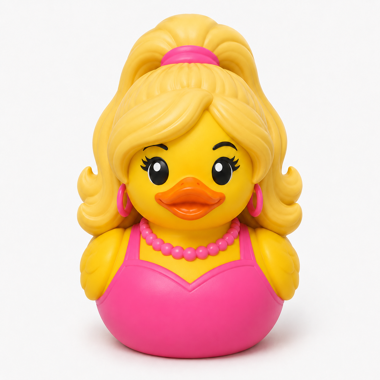 Barbie Babe Duck rubber duck with blonde ponytail, pink outfit, pearl necklace and hoop earrings