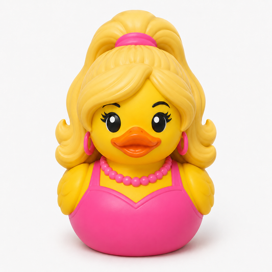 Barbie Babe Duck rubber duck with blonde ponytail, pink outfit, pearl necklace and hoop earrings