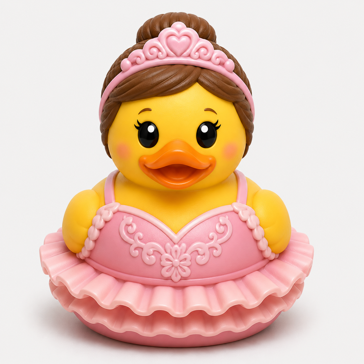 3D printed ballerina duck wearing a pink tutu, floral bodice, and pink tiara with a brown bun hairstyle