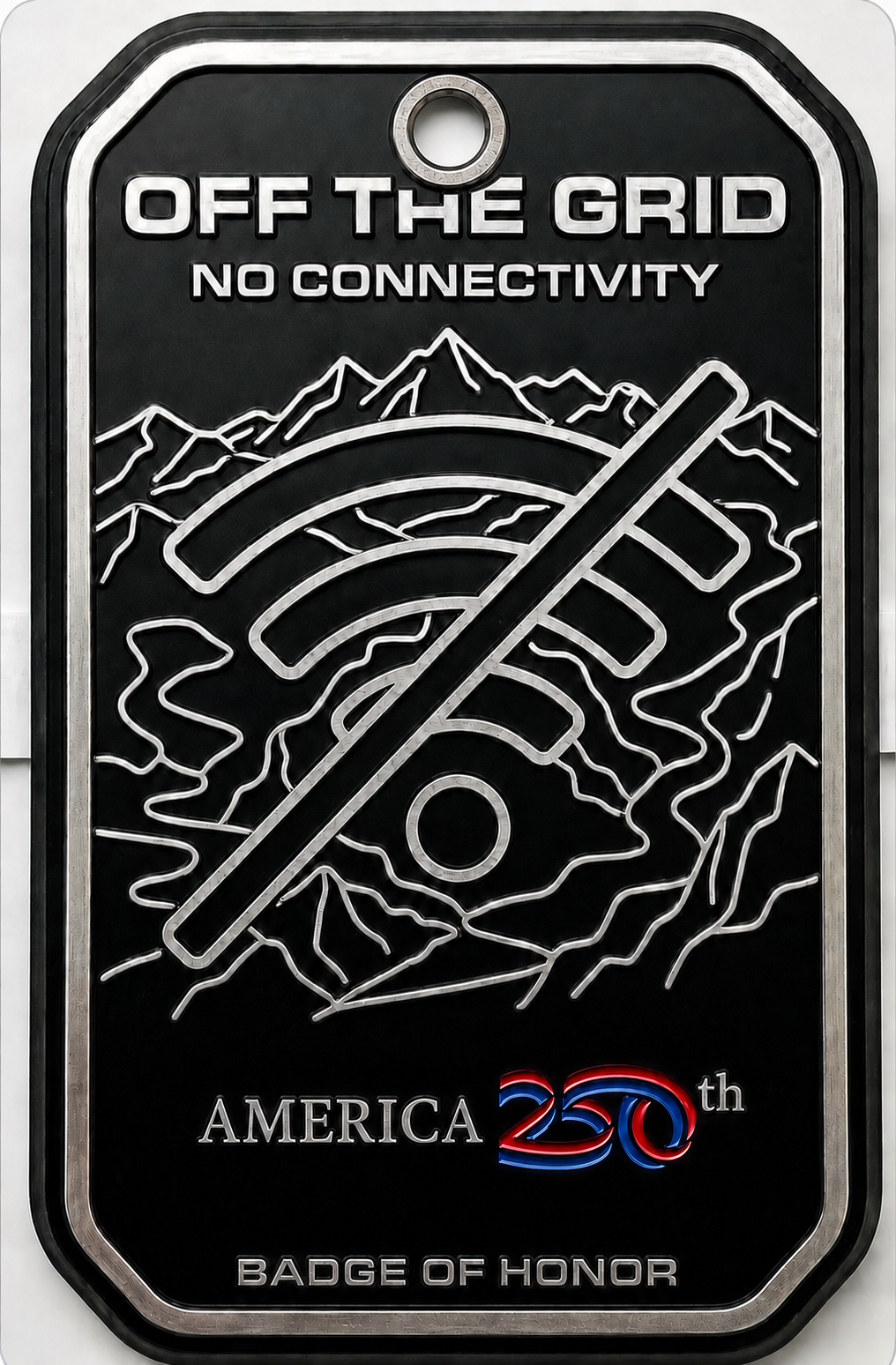 Off The Grid No Connectivity Badge of Honor keychain with mountain and crossed WiFi design