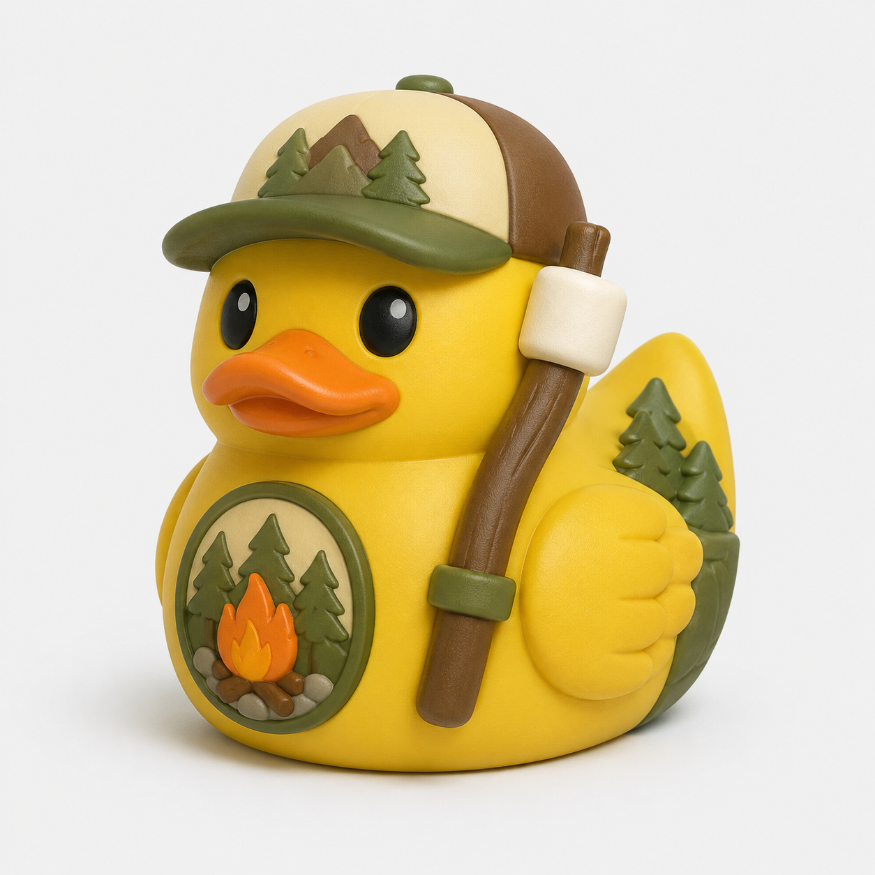 3D printed camper duck with explorer hat, walking stick, and campfire badge