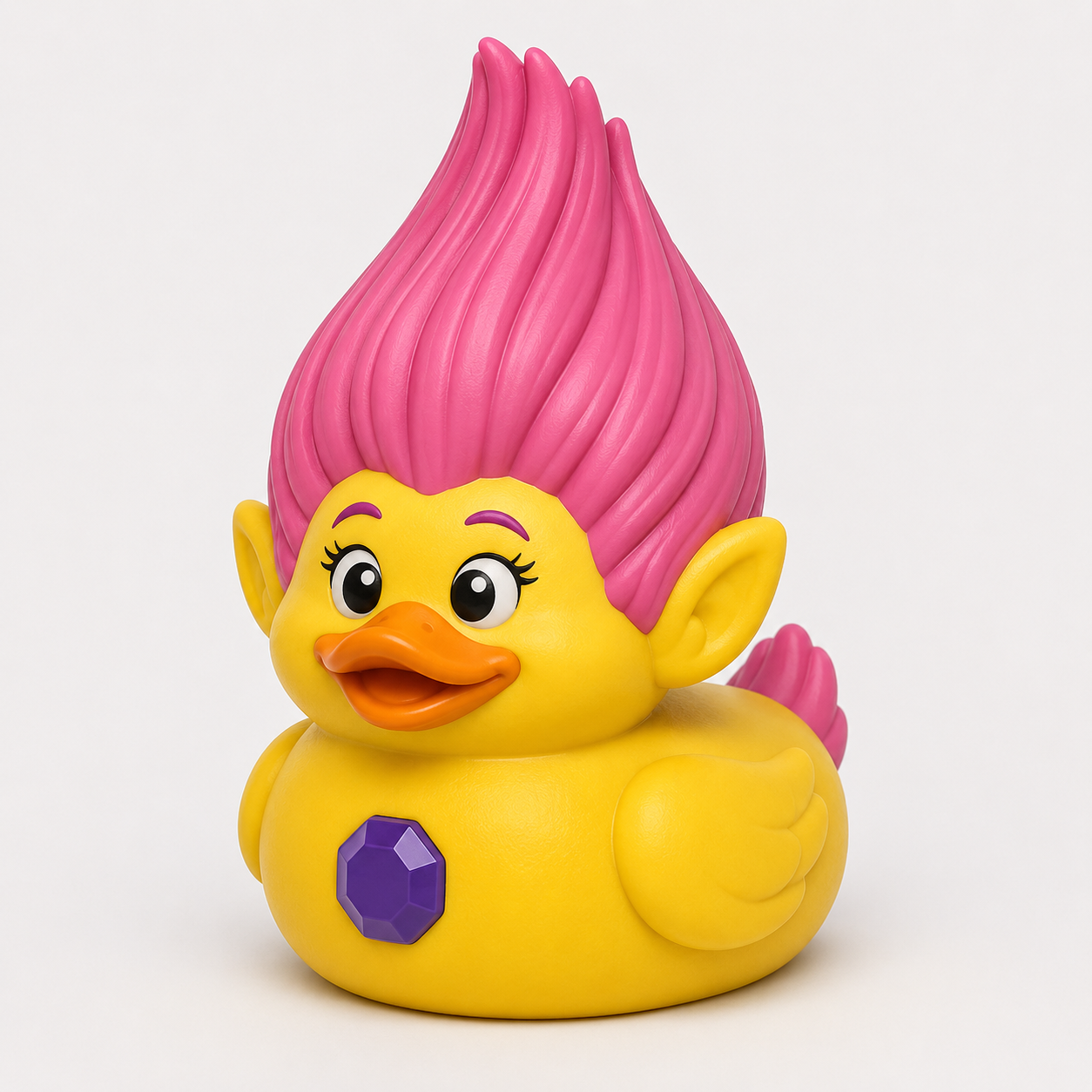 3D printed troll duck with pink hair, pointy ears, and purple gem emblem