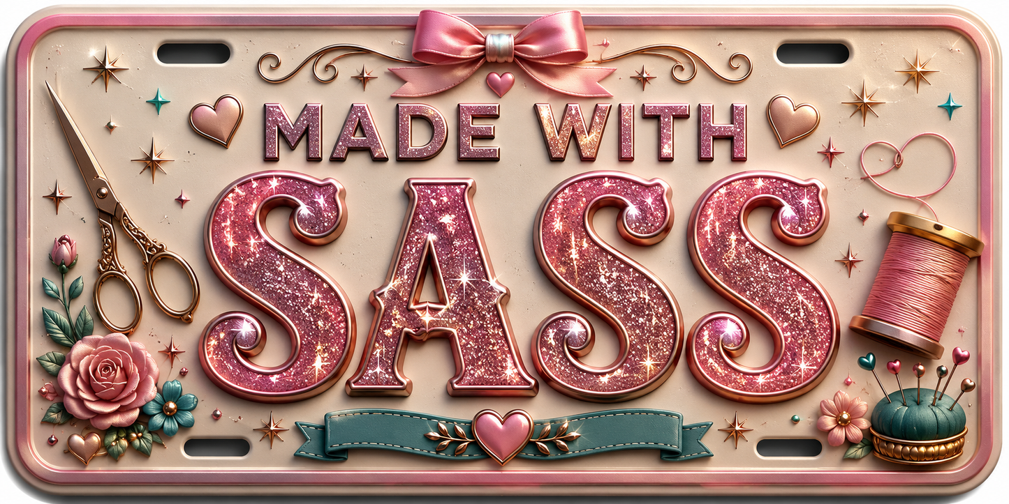 Made With Sass pink glitter license plate with bow and floral accents