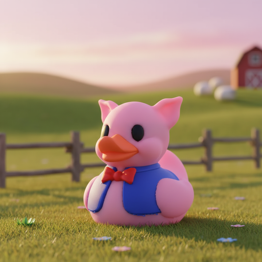 Pink pig rubber duck with blue vest and red bow tie in whimsical barnyard with pink sunset