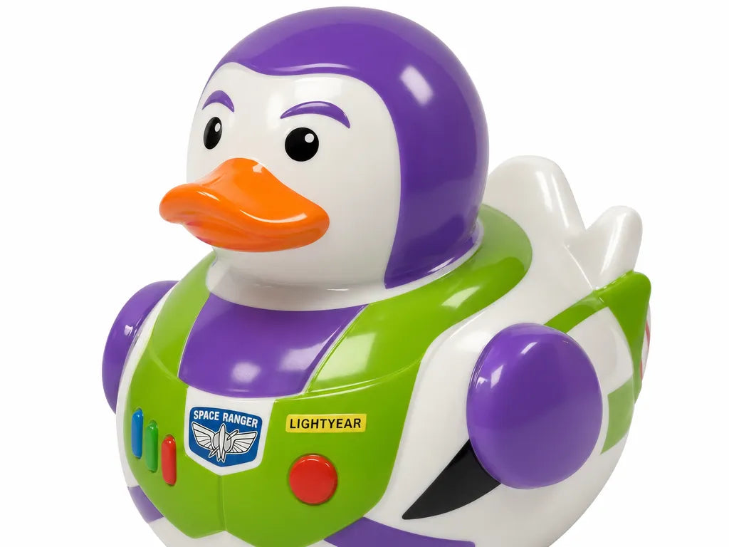 Space Ranger Duck - rubber duck in purple and green space ranger suit with badge and name tag