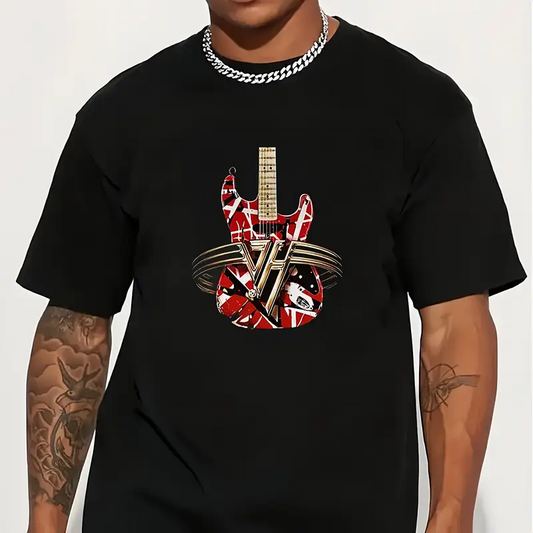Rock Legend Guitar Tee – Striped Electric Guitar Graphic