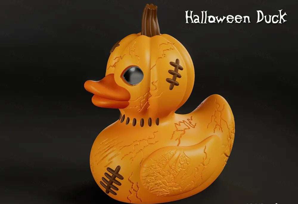 Halloween pumpkin rubber duck with carved jack-o-lantern design and stitched scars