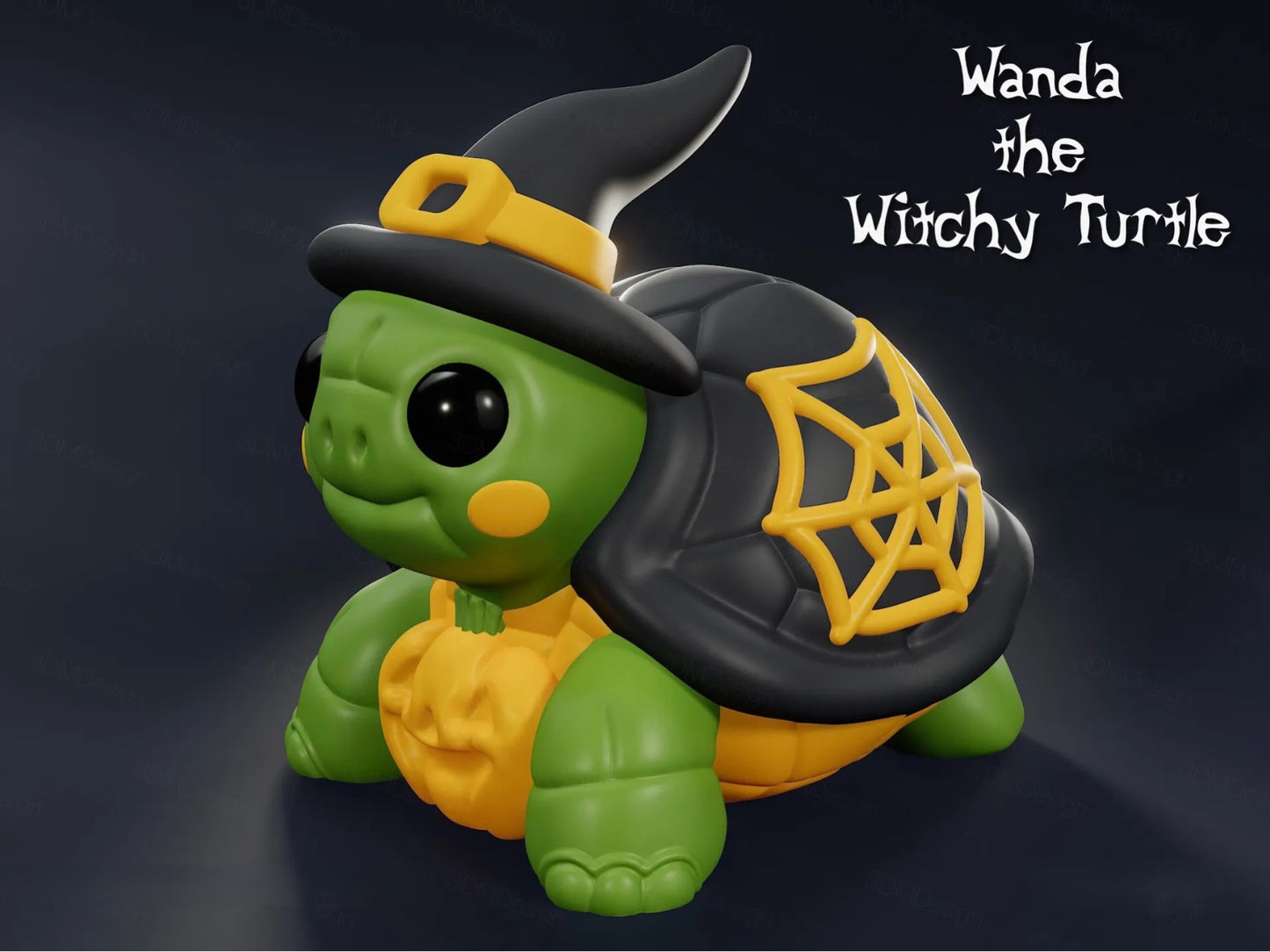 Wanda the Witchy Turtle - green turtle with black witch hat and spiderweb shell Halloween 3D printed figure