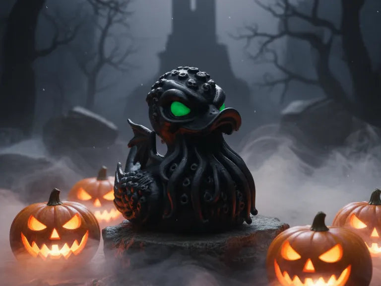 Cthulhu Duck - black tentacled Halloween figure with glowing green eyes surrounded by jack-o-lanterns
