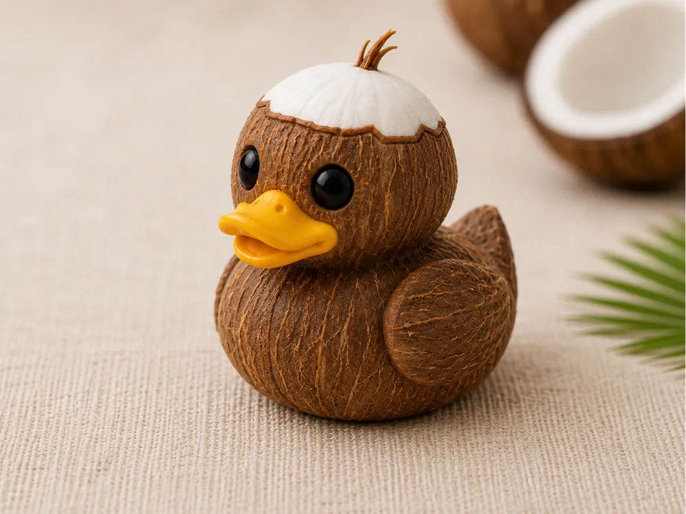 Coconut Duck - rubber duck shaped like a coconut with fibrous brown shell, white cap, and yellow beak