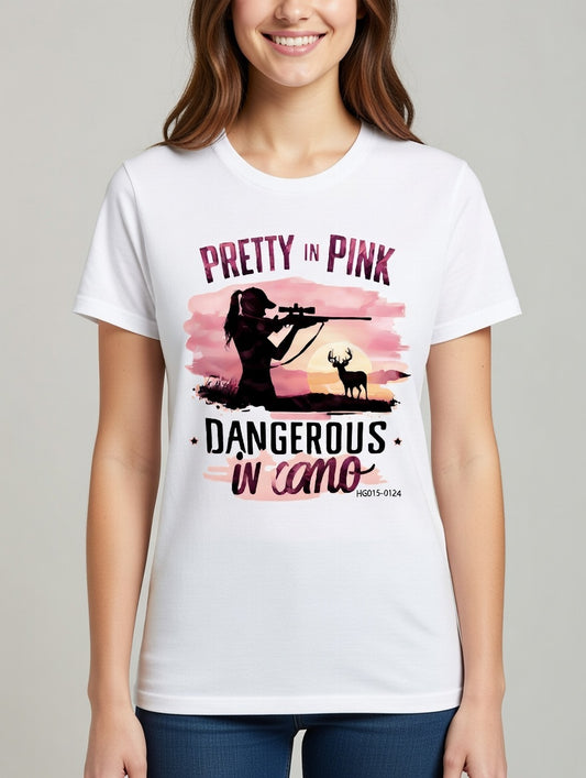Pretty in Pink, Dangerous in Camo – Women’s Hunting Sunset Tee