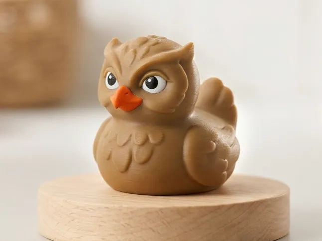 3D printed owl duck in tan brown with feather texture, tufted ears, and orange beak