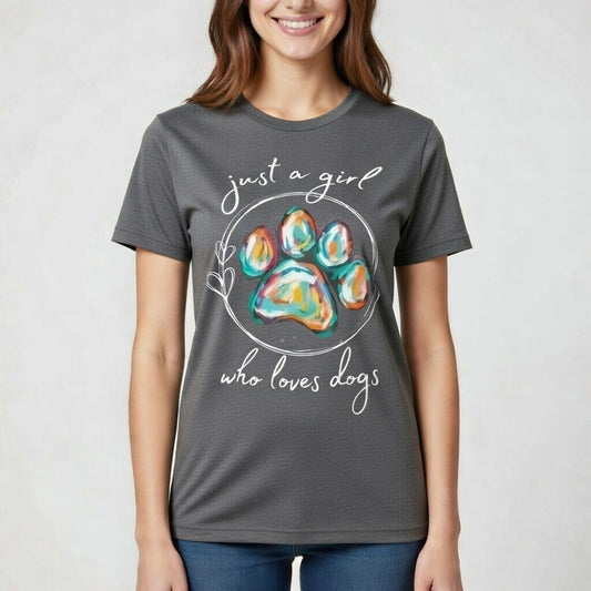 Just a Girl Who Loves Dogs – Colorful Paw Print Tee