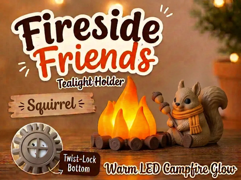 Fireside Friends squirrel tealight holder with warm LED campfire glow and twist-lock bottom