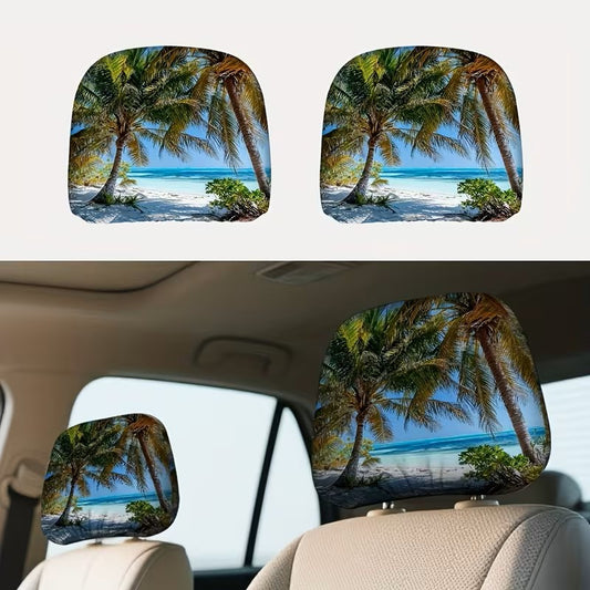 Tropical Beach Car Headrest Covers – Palm Tree Paradise