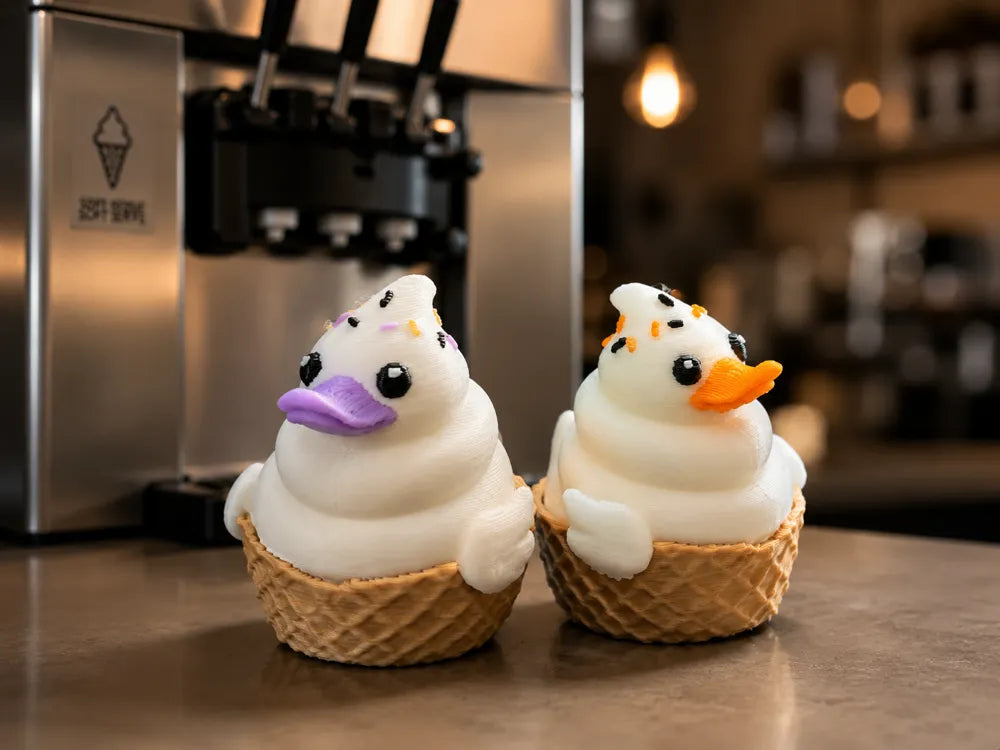 Two ice cream soft serve rubber ducks in waffle cone bowls — one with purple beak, one with orange beak