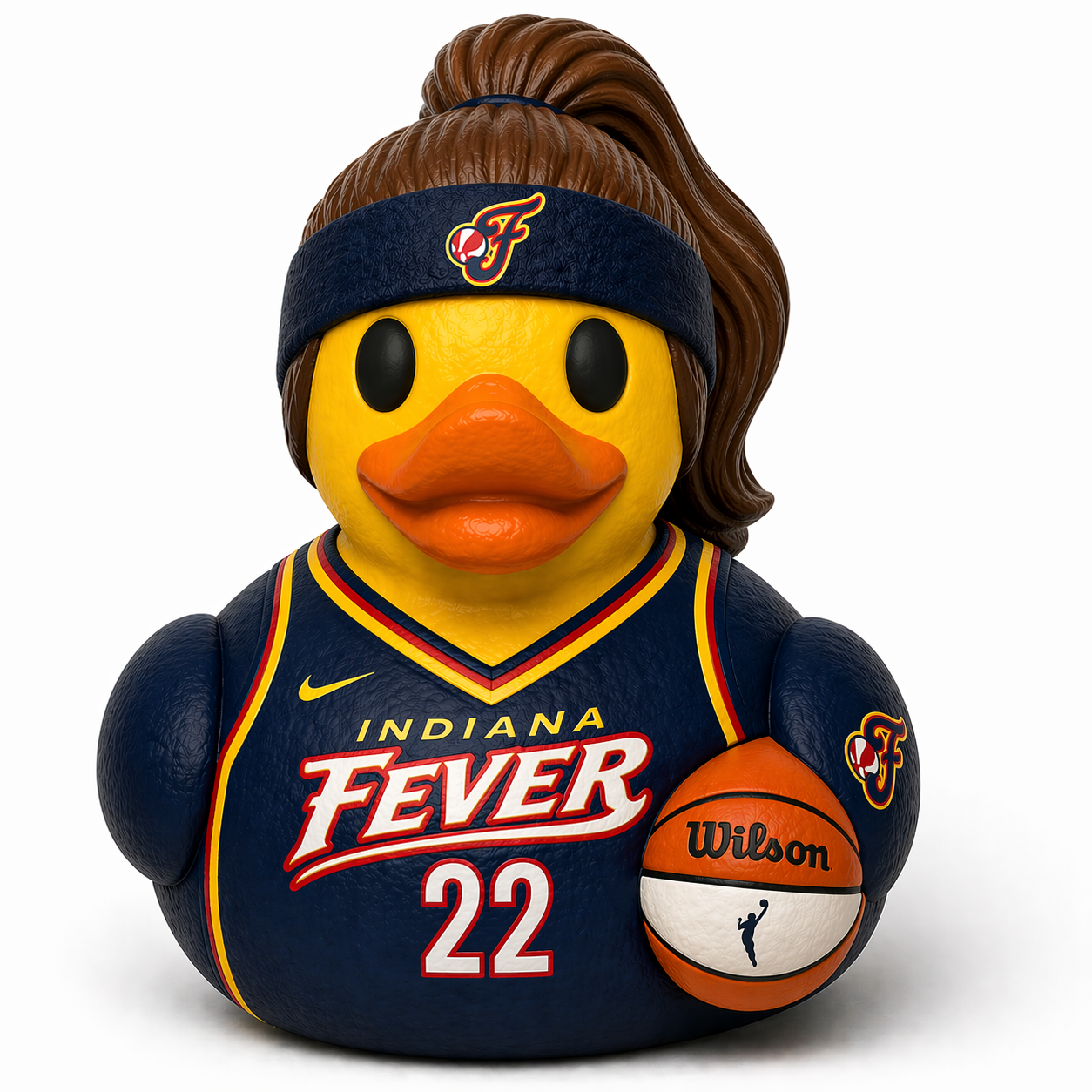 3D printed Caitlin Clark Indiana Fever duck wearing #22 jersey, headband, and holding a Wilson basketball
