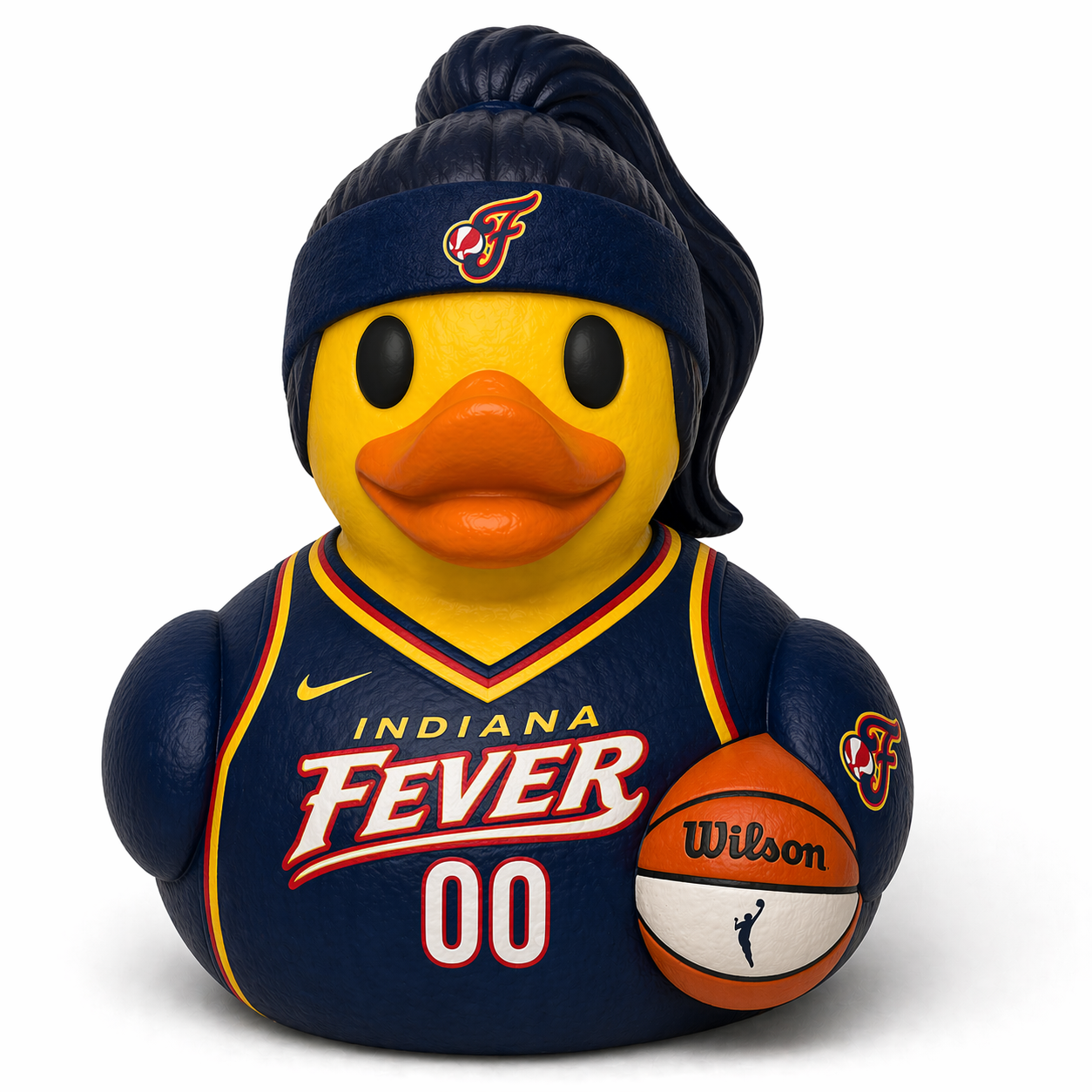 3D printed Kelsey Mitchell Indiana Fever duck wearing #00 jersey, headband, and holding a Wilson basketball