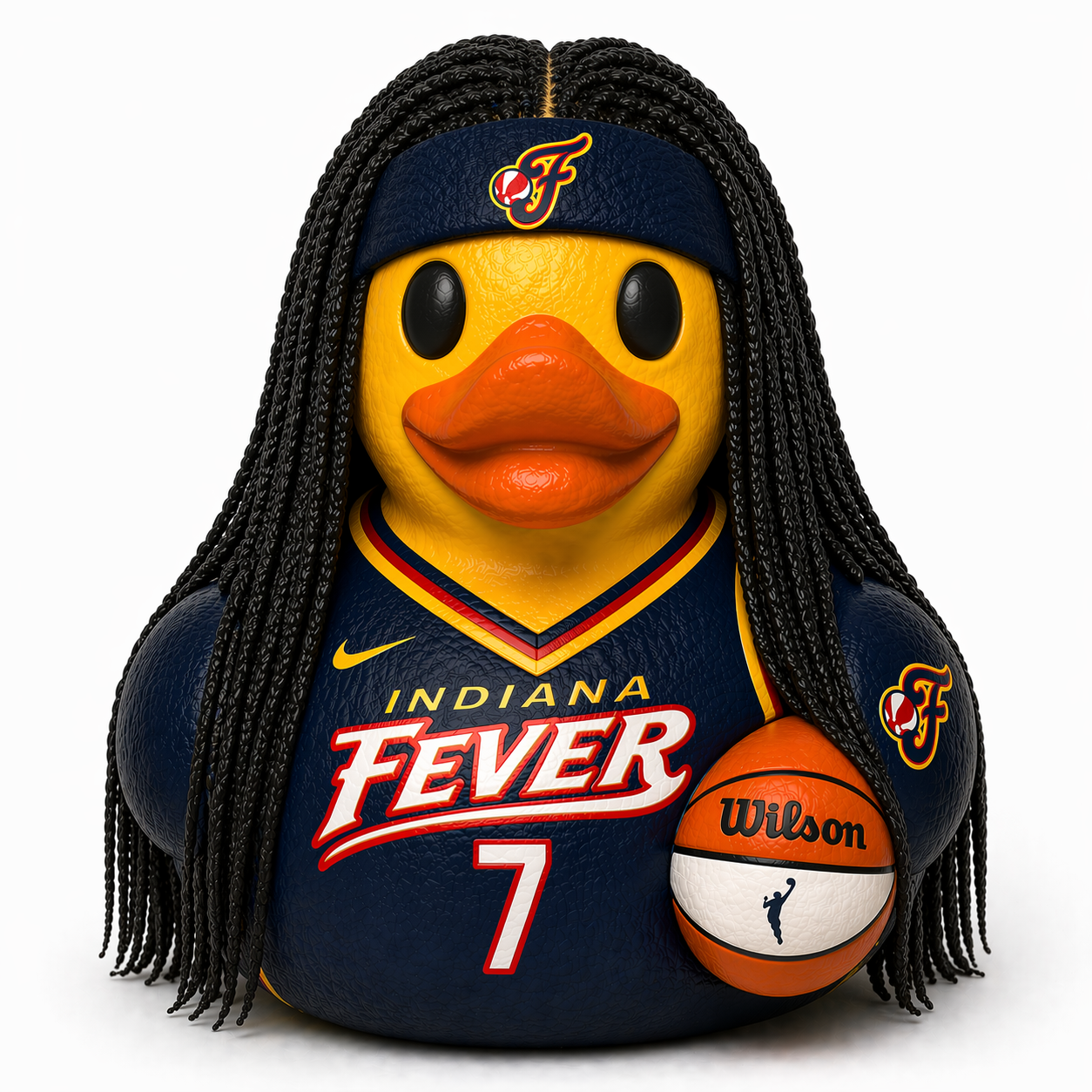 3D printed Natasha Howard Indiana Fever duck wearing #7 jersey with long black braids and holding a Wilson basketball