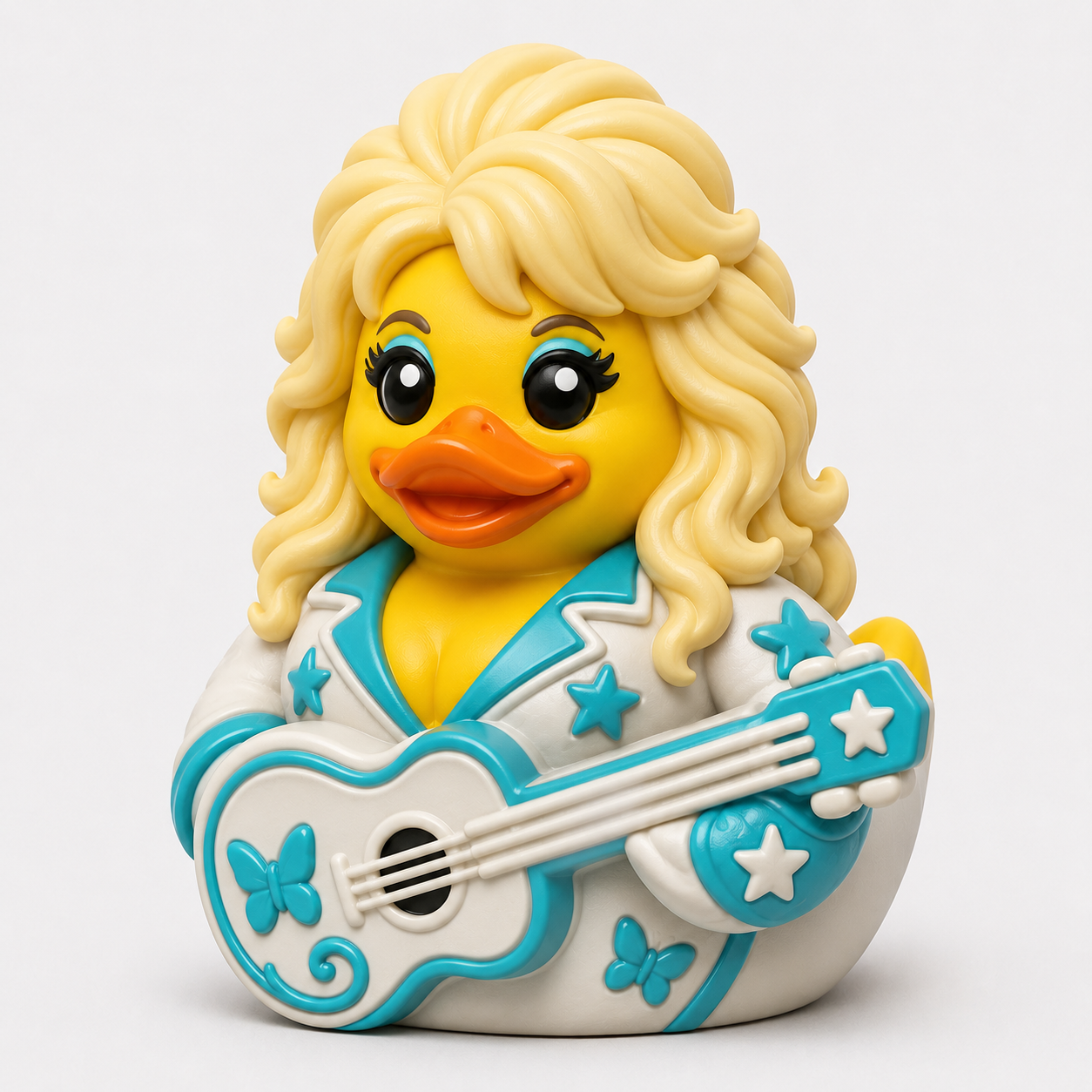 3D-printed yellow duck with blonde hair playing a turquoise-and-white guitar