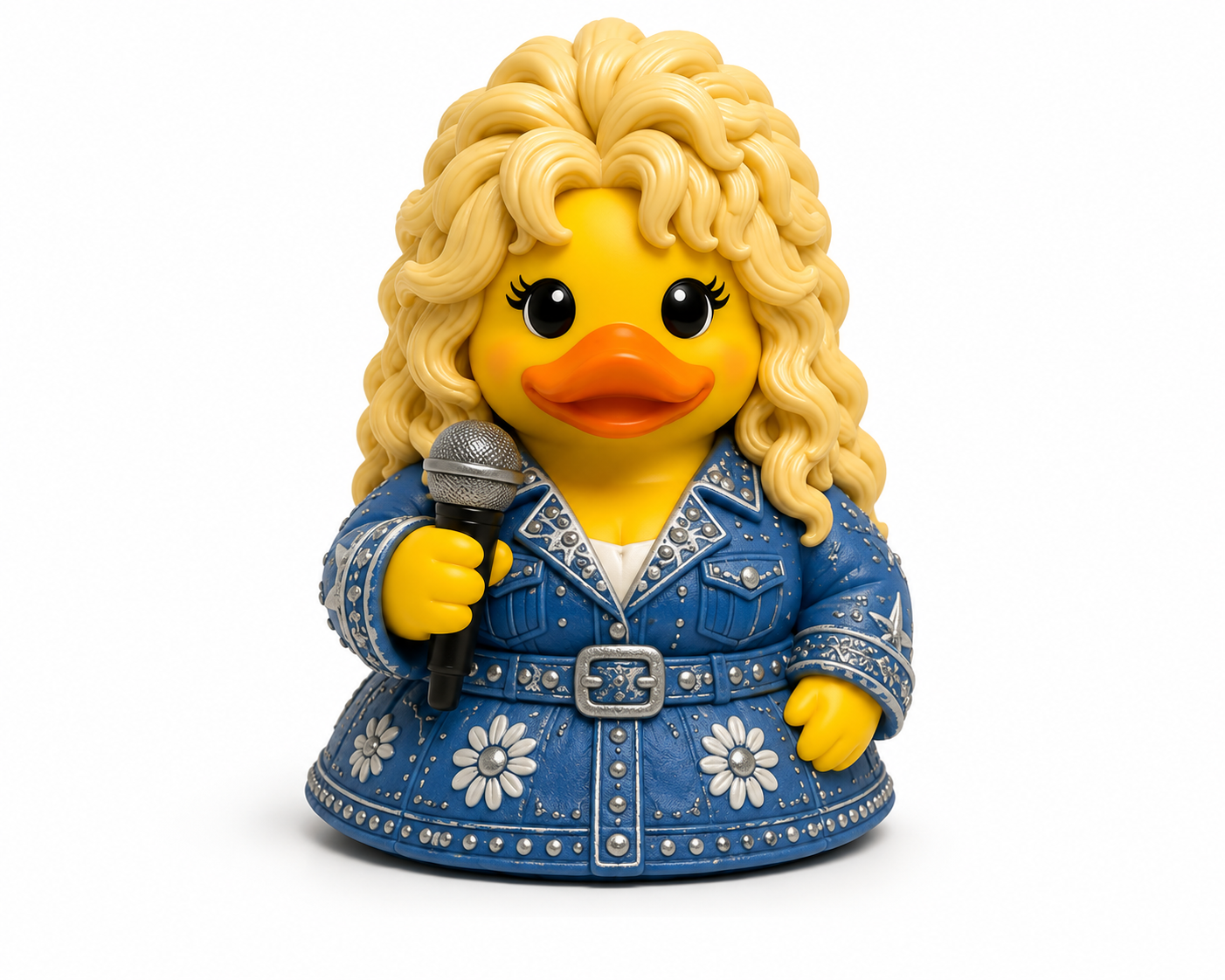 3D-printed yellow duck with golden hair, a blue outfit, and a microphone