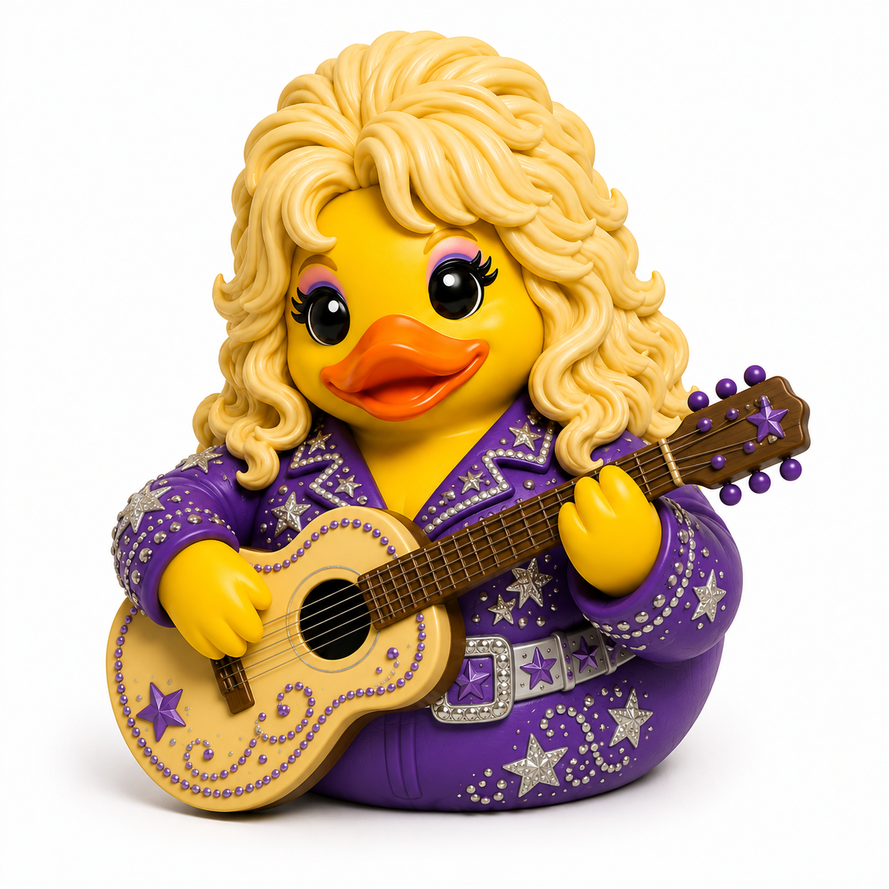 3D printed duck in a purple outfit holding a guitar