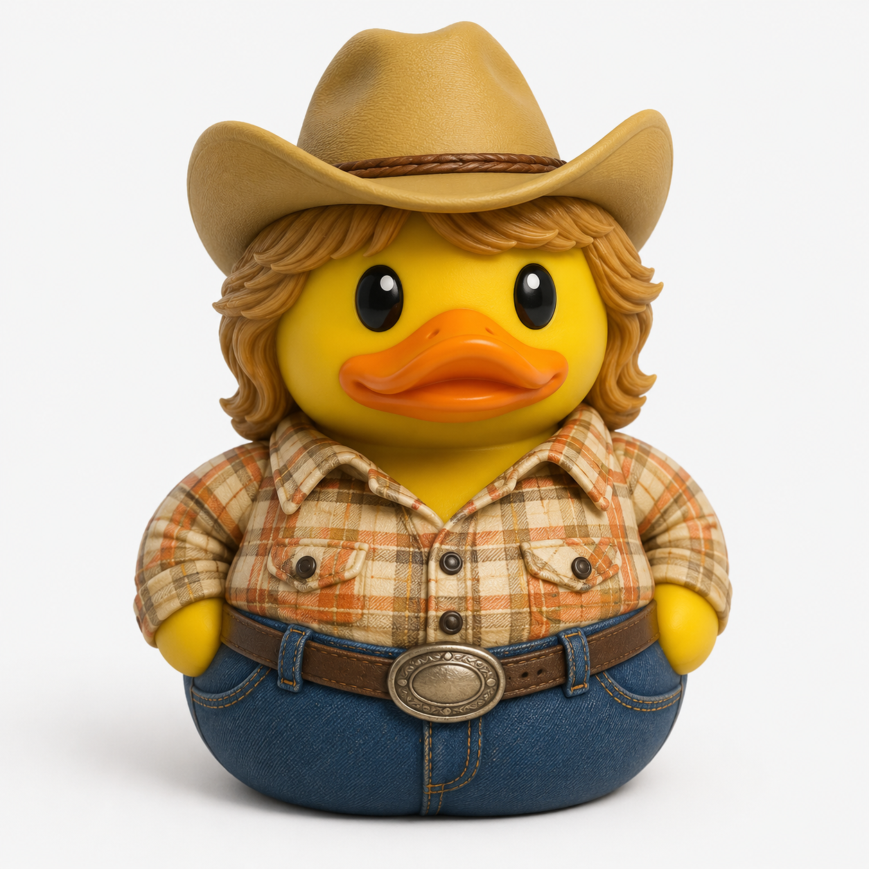 Cowgirl rubber duck in plaid flannel shirt and cowboy hat