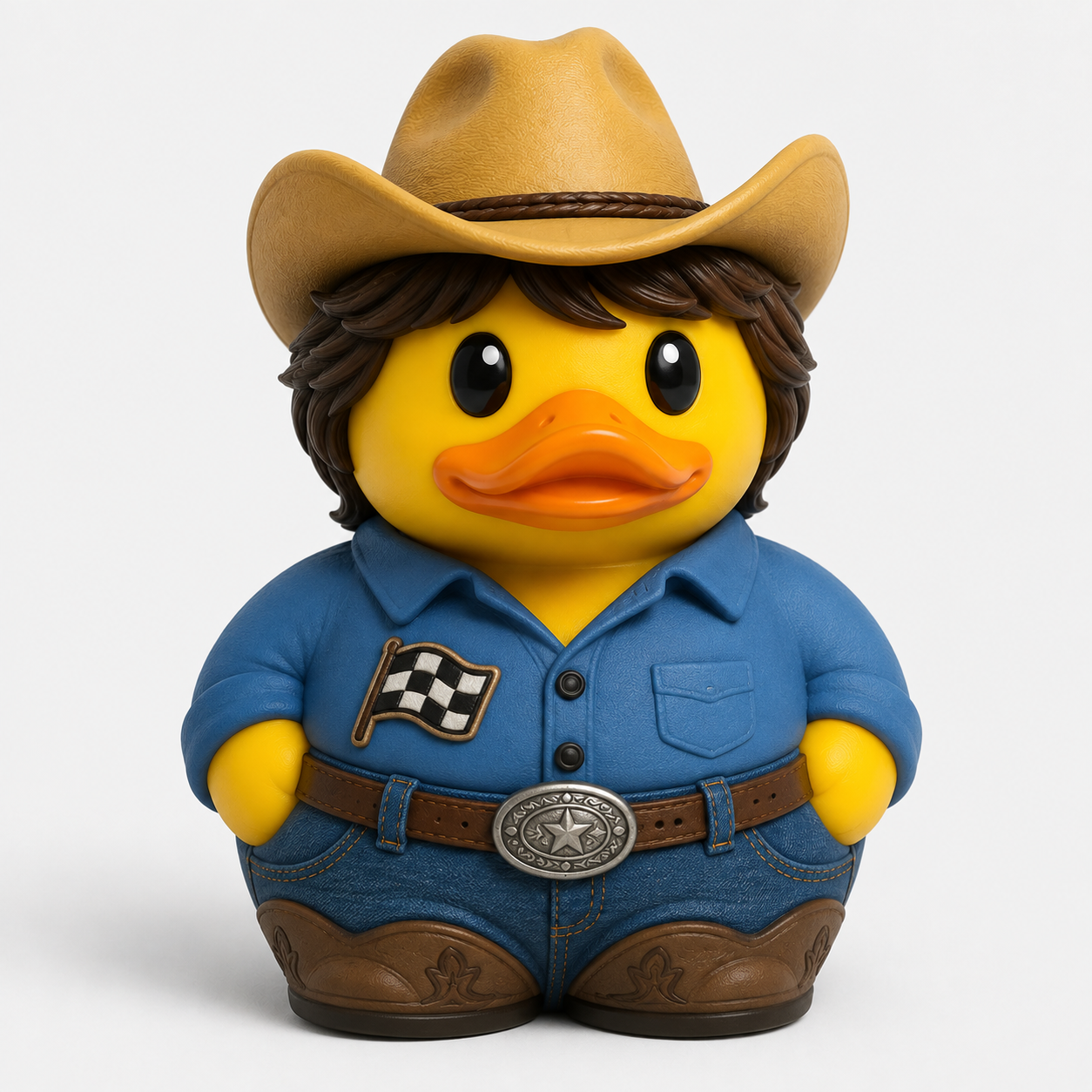 Mechanic rubber duck in blue overalls and cap with wrench patch
