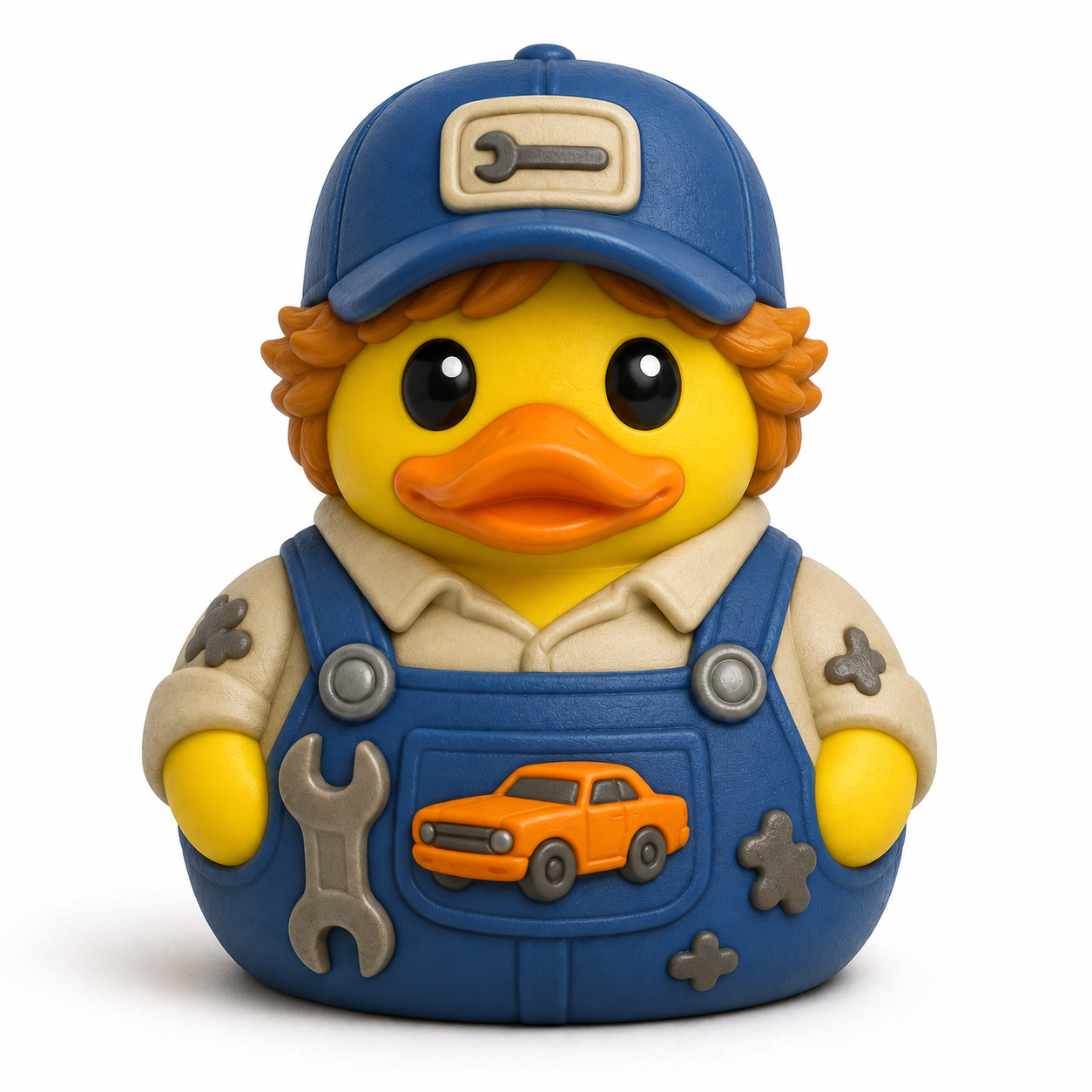 Mechanic duck in blue overalls and cap with wrench patch, auburn hair, orange car emblem