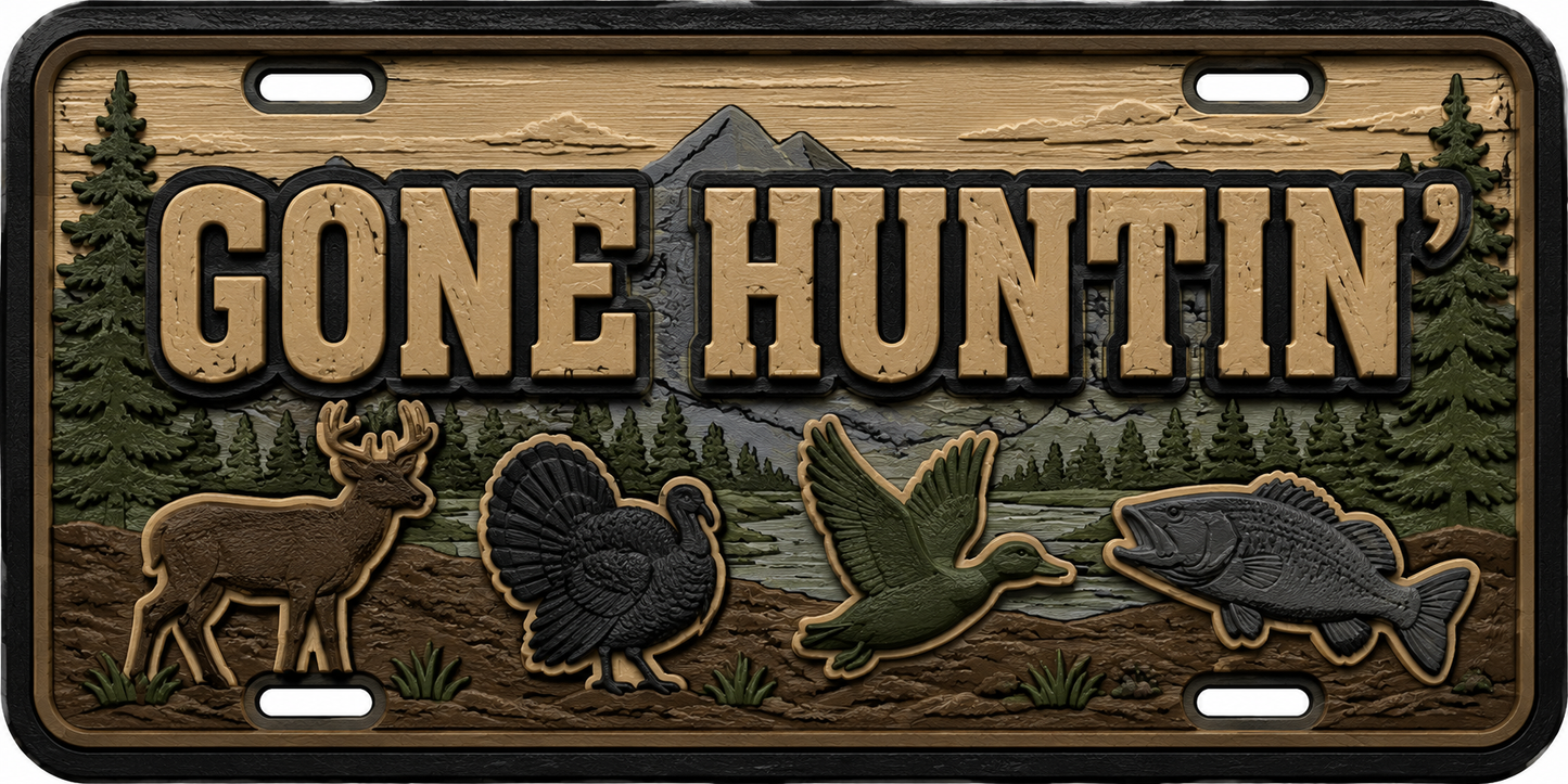 Gone Huntin' novelty license plate with deer, turkey, duck and fish in a forest scene