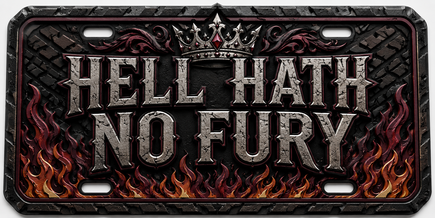 Hell Hath No Fury novelty license plate with flames and crown design