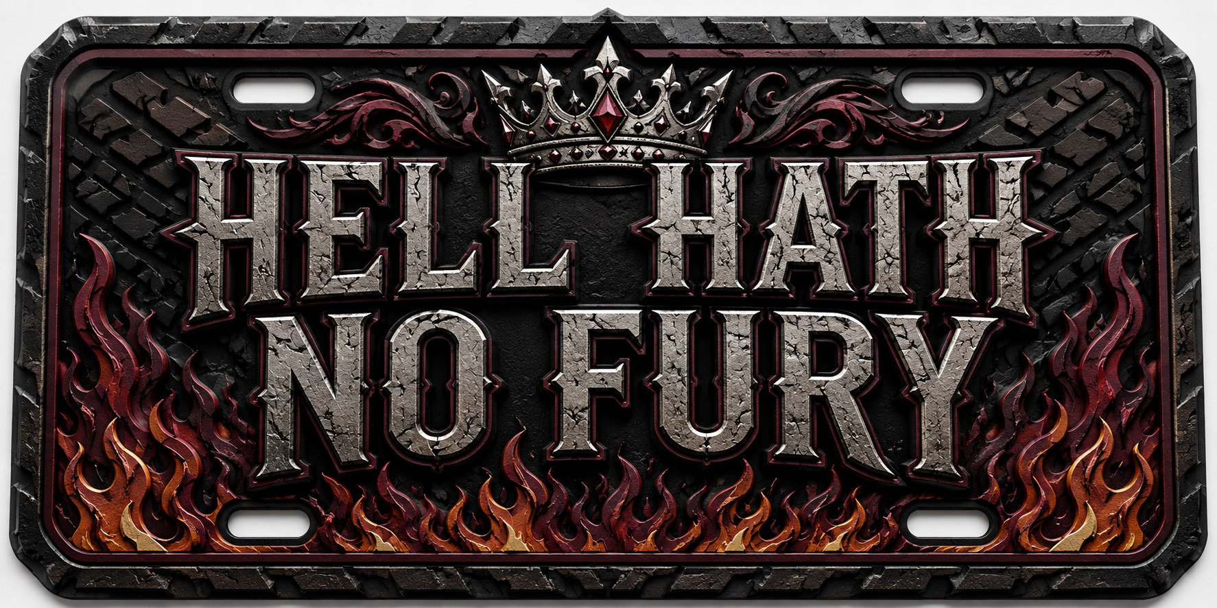 Hell Hath No Fury novelty license plate with flames and crown design