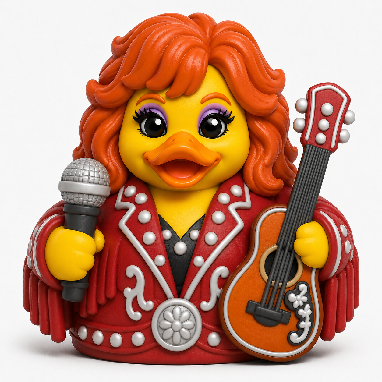 Redhead rock star duck in red studded fringe jacket holding microphone and guitar