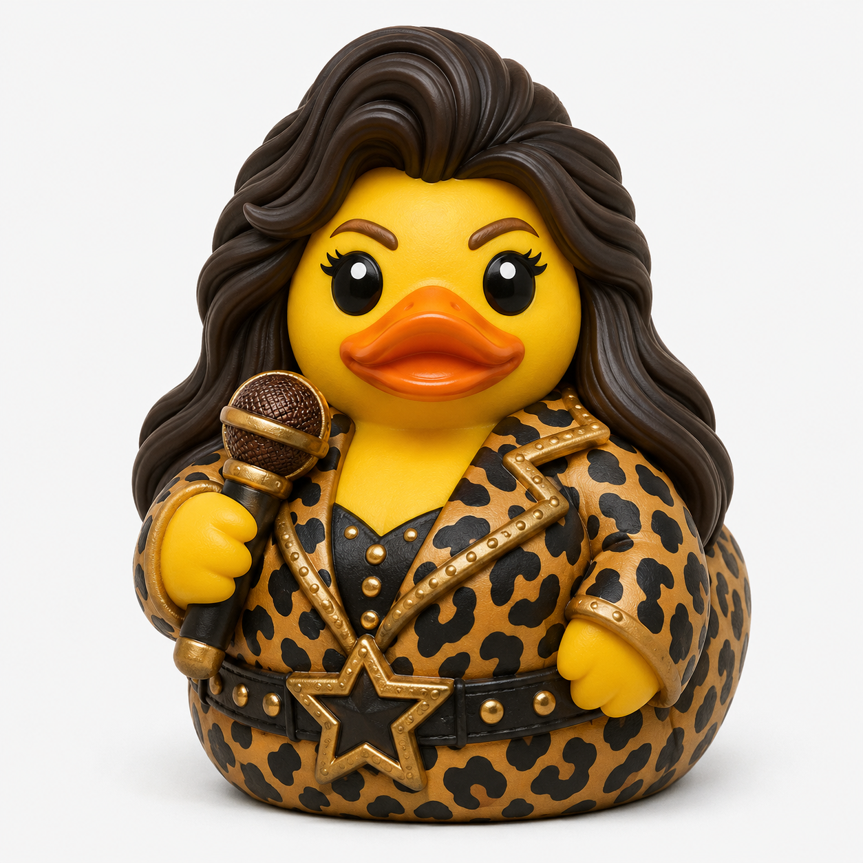 Rock star rubber duck in leopard print jacket holding a microphone