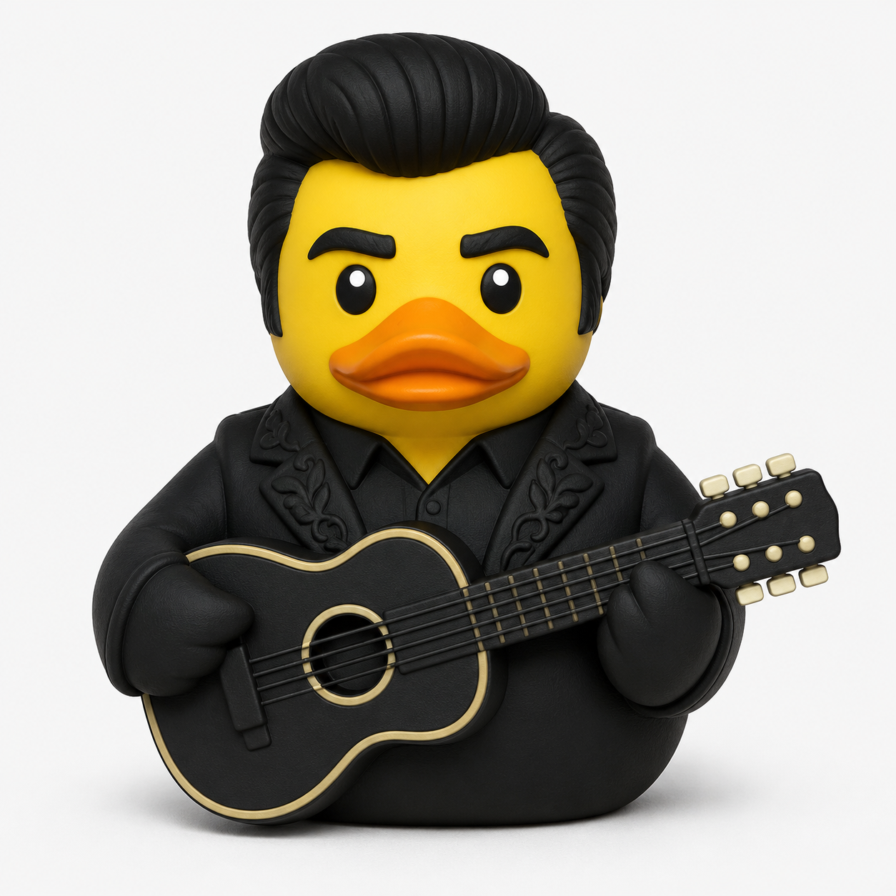 Man in Black duck in all-black embroidered suit holding a black acoustic guitar