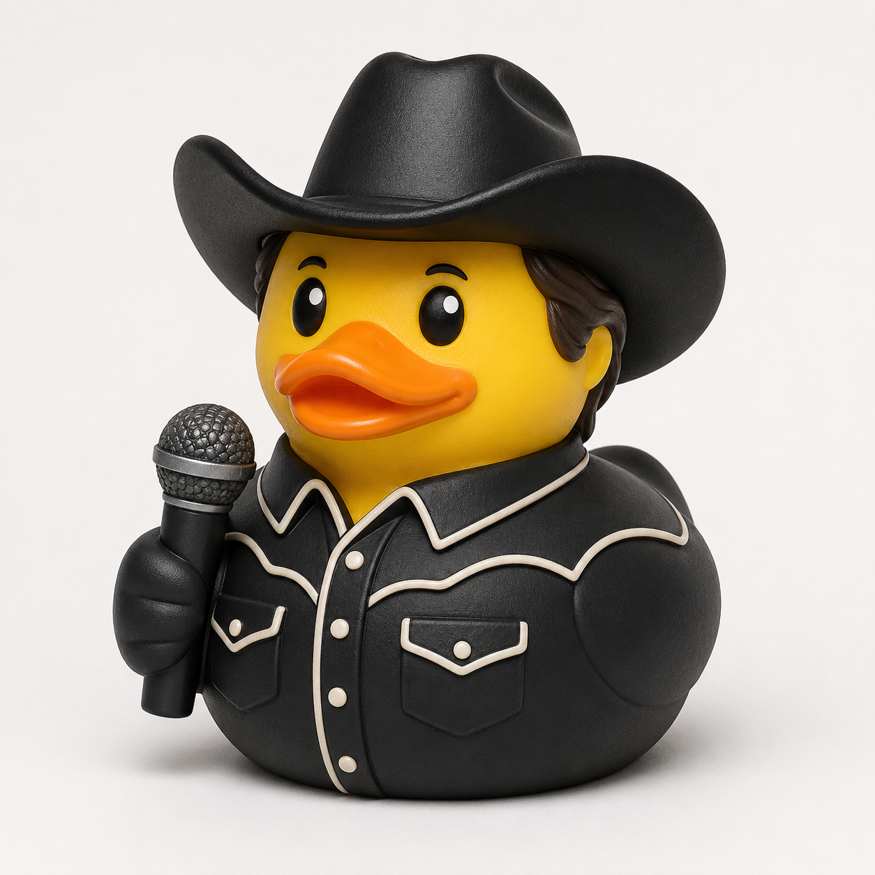 Country crooner duck in black western shirt with white piping and black cowboy hat holding a microphone