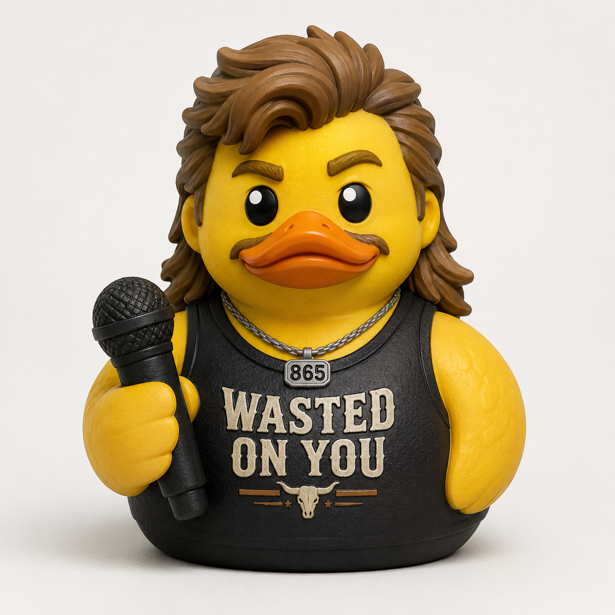 Mullet country duck in black Wasted On You tank top holding microphone with 865 pendant necklace