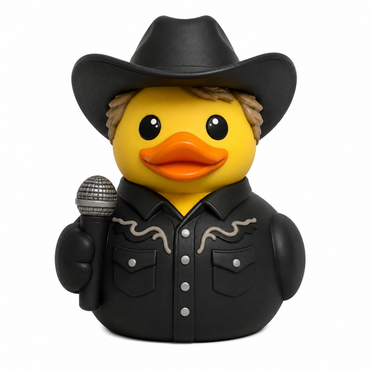 Country Star Duck rubber duck with black cowboy hat, black western shirt, and microphone