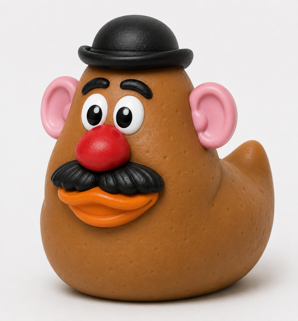 Mr. Potato Duck 3D printed figure with bowler hat, red nose, mustache, and pink ears