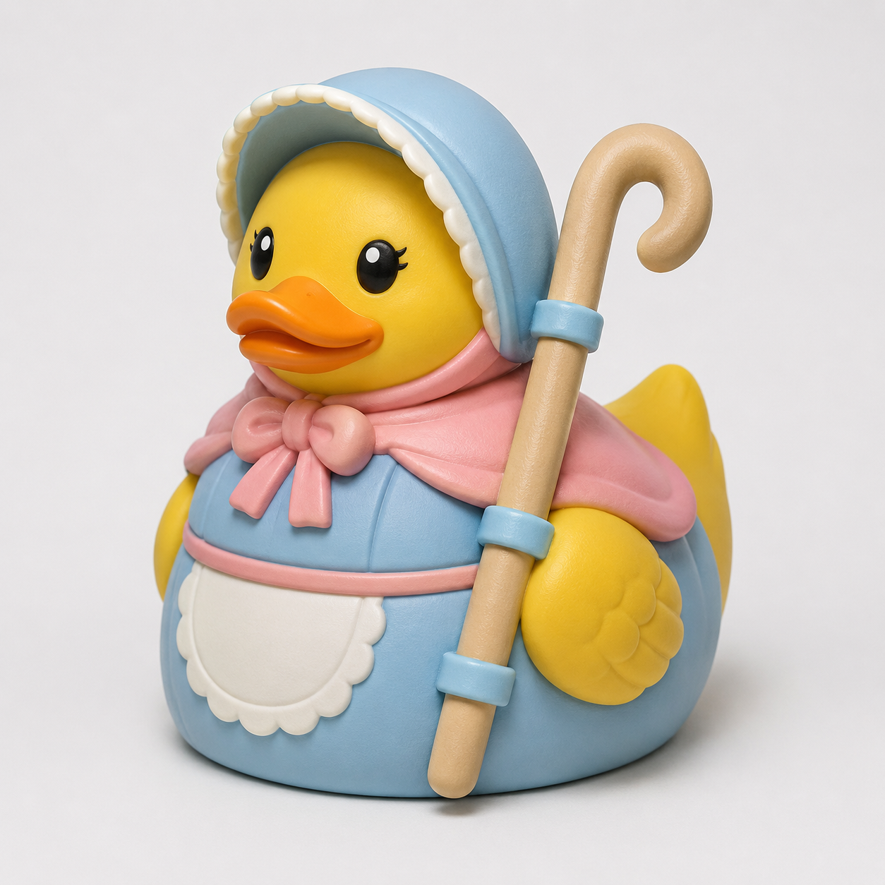 Bo Peep Duck 3D printed figure front view with blue bonnet and shepherd's crook